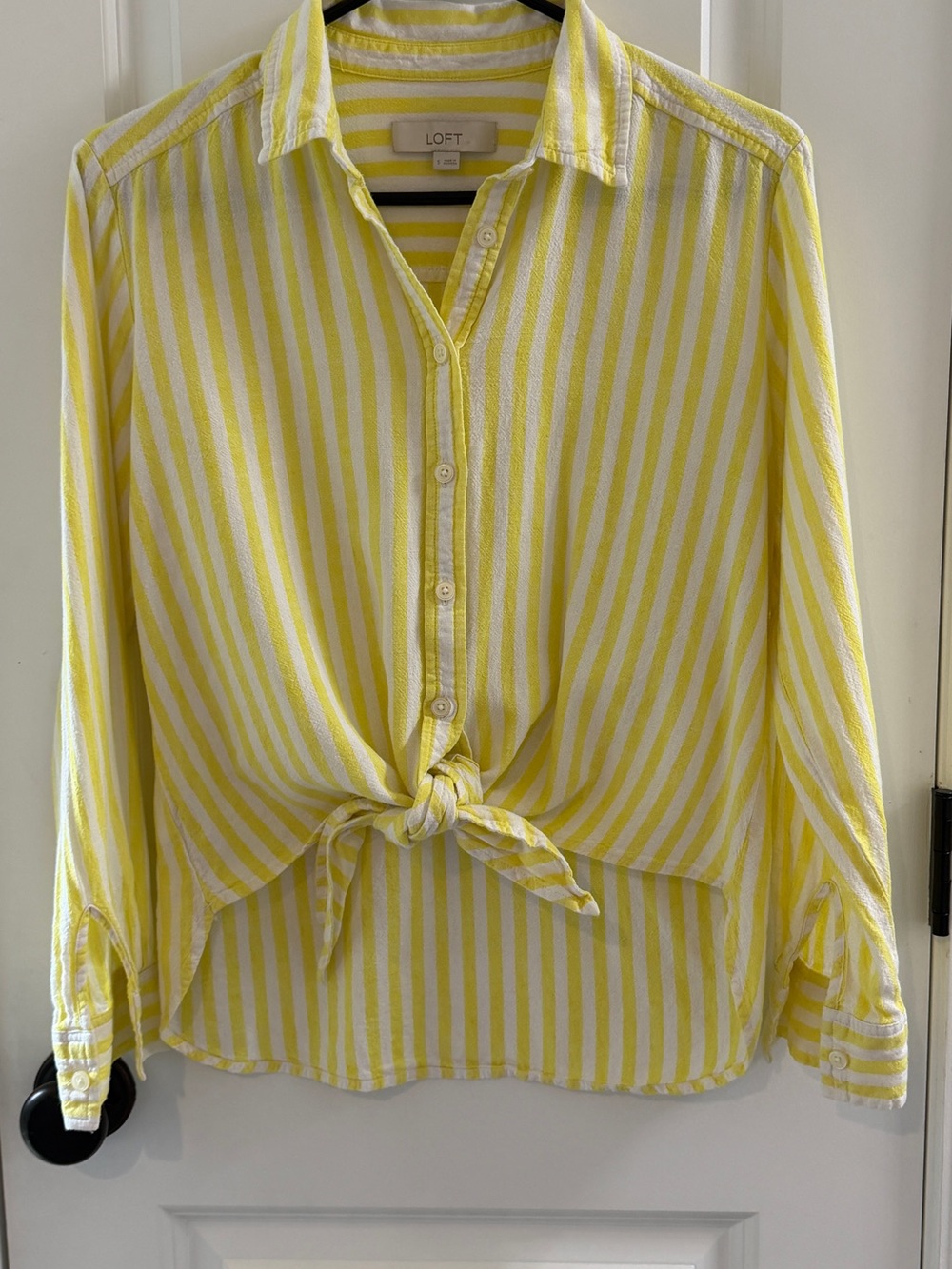 LOFT Yellow and White Striped Tie-Front Button-Down Shirt